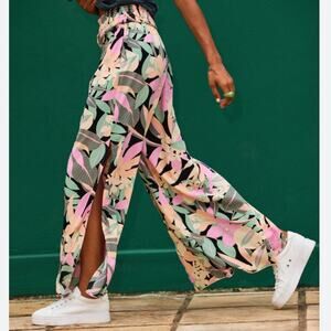 NWOT Roxy Tropical Rhythm Beach Pants Side Slit Floral Black, Pink, Green Small